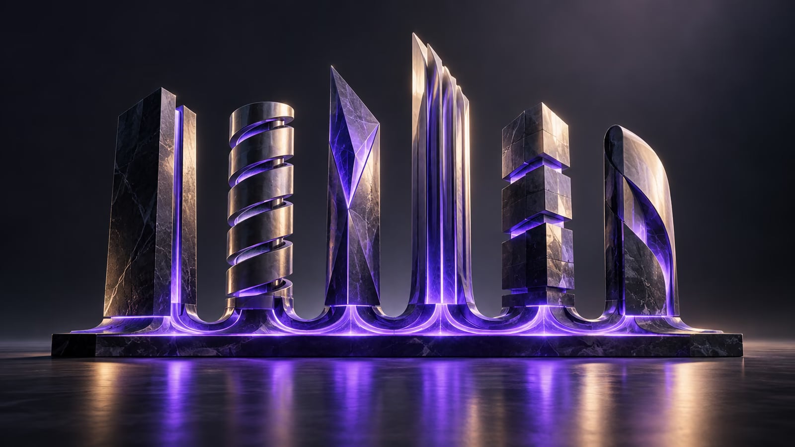 Seis torres de formas distintas conectadas por uma base luminosa violeta.