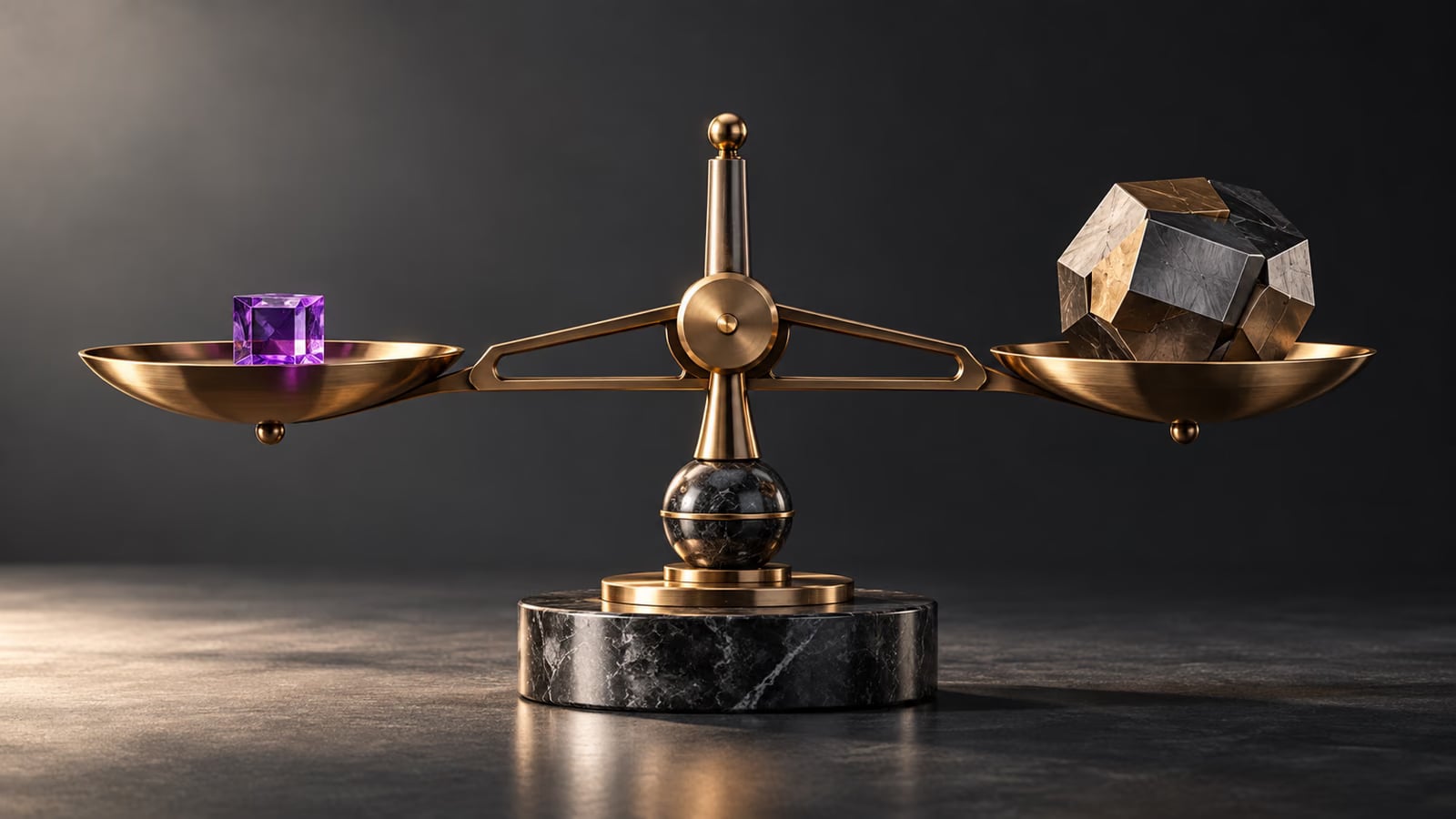 Balança de bronze equilibrada entre um pequeno cubo violeta e um bloco metálico muito maior.