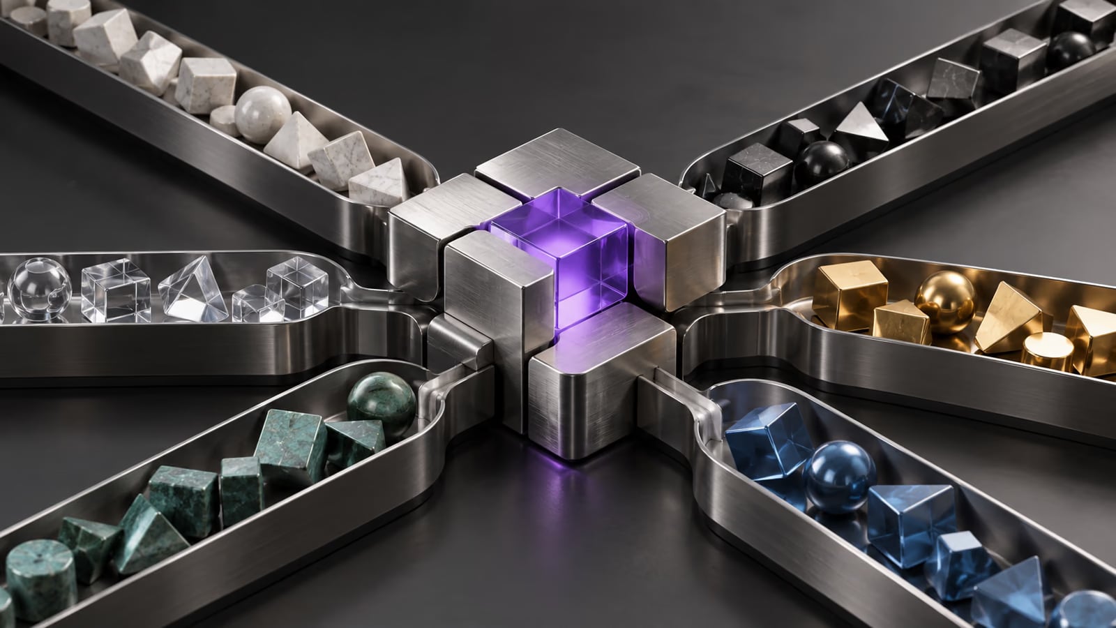 Metal channels carrying pieces of different materials converge on a core of cubes with a violet center.