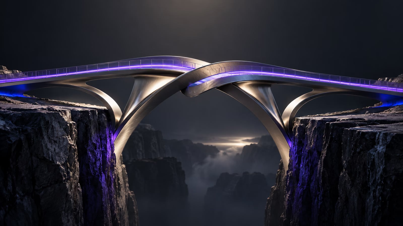 Percursos de luz violeta convergindo para uma estrutura central de vidro e metal.