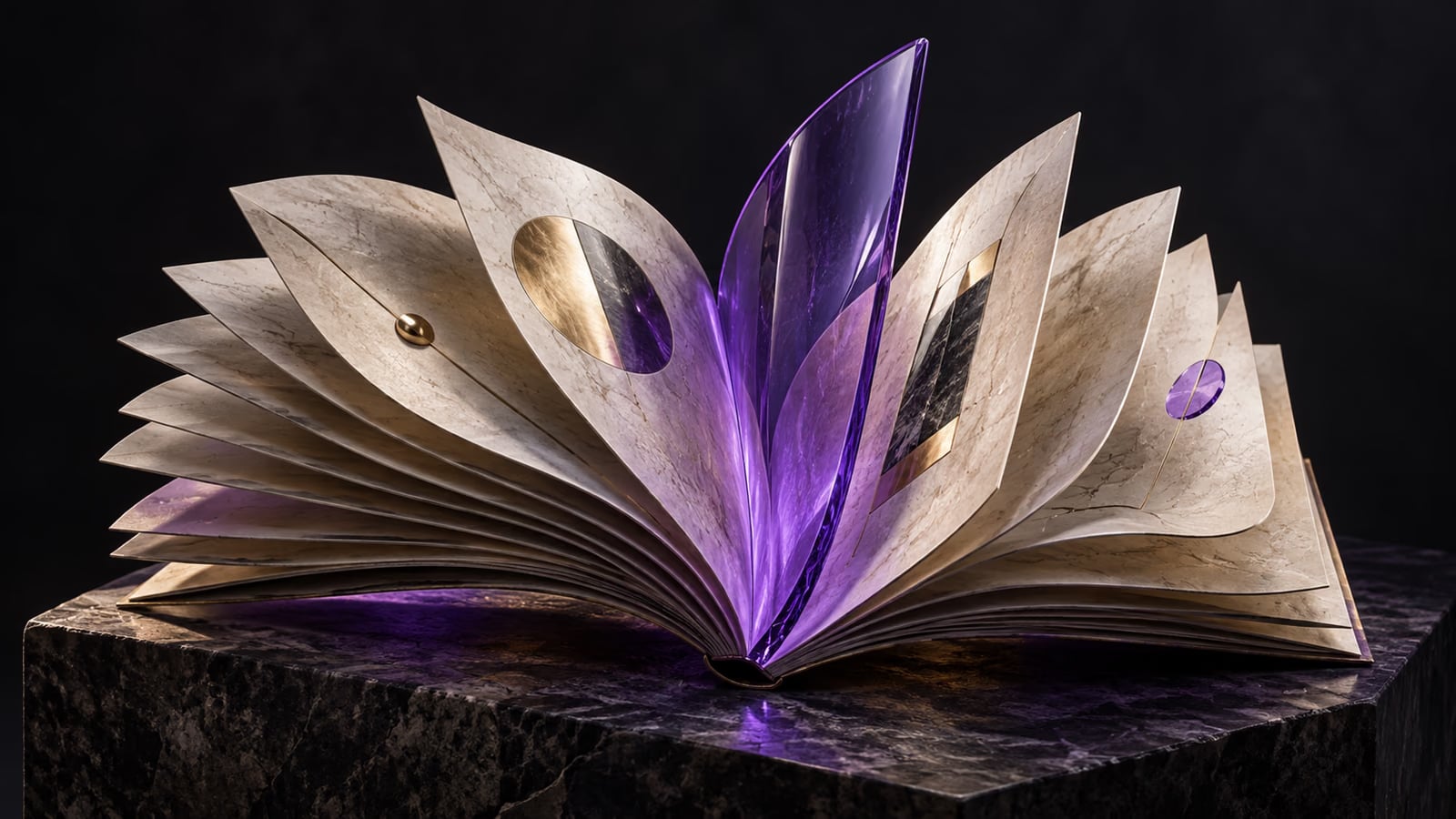 Volume escultórico de placas de pedra clara abertas em leque, com uma lâmina violeta translúcida marcando uma das páginas.