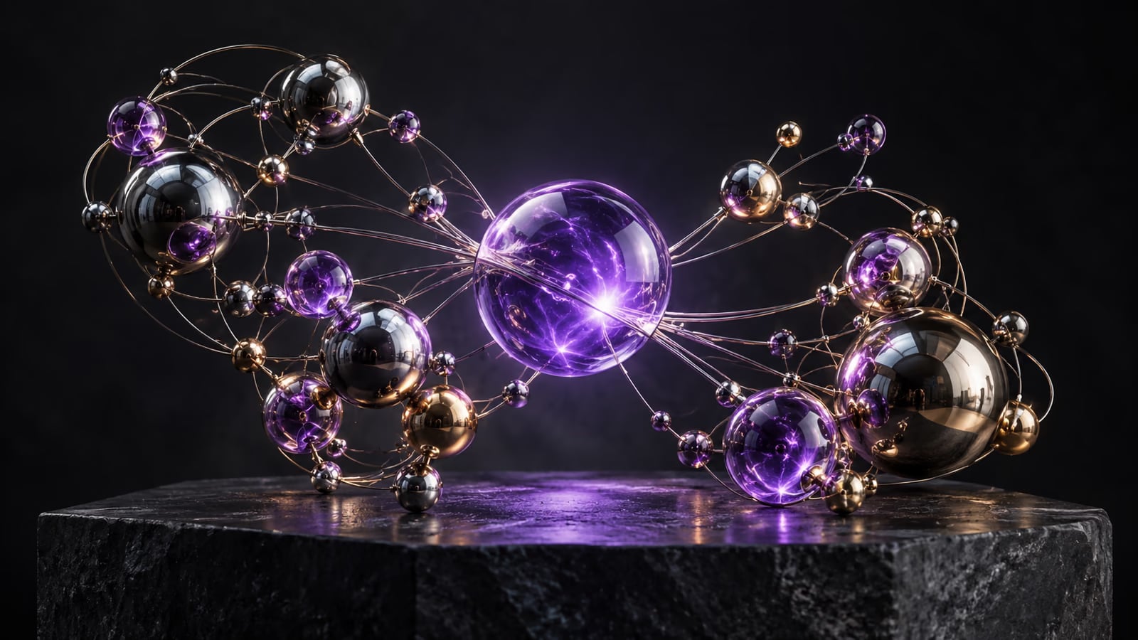 Constelação de esferas metálicas de tamanhos variados ligadas por fios finos, com uma esfera violeta translúcida irradiando luz para as demais.
