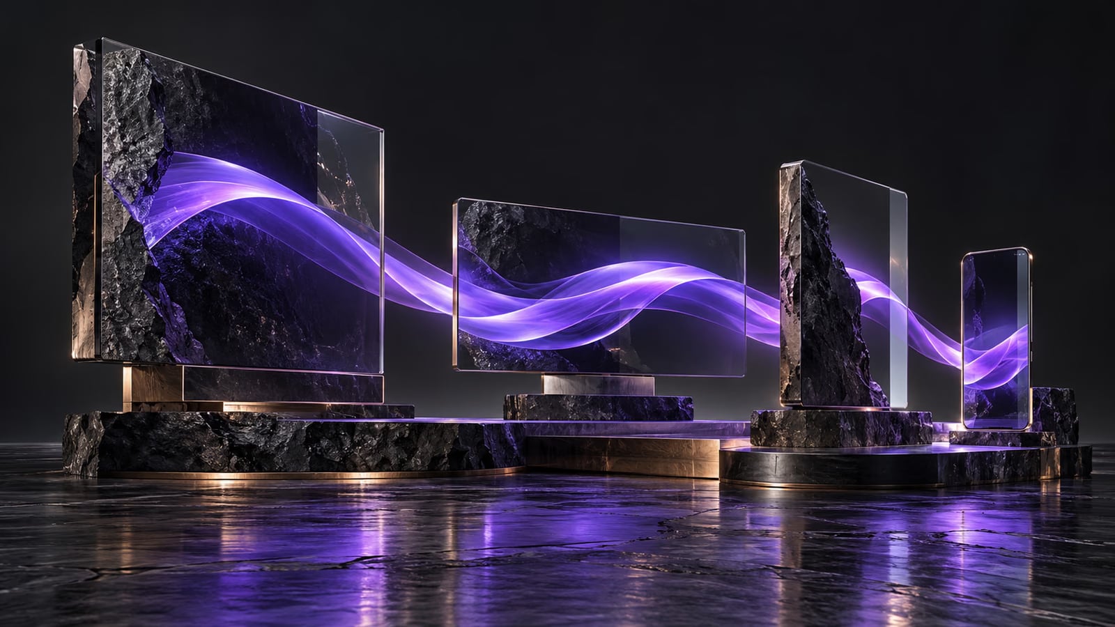 Painéis monolíticos de pedra e vidro dispostos em percurso, com uma faixa de luz violeta atravessando todos eles.