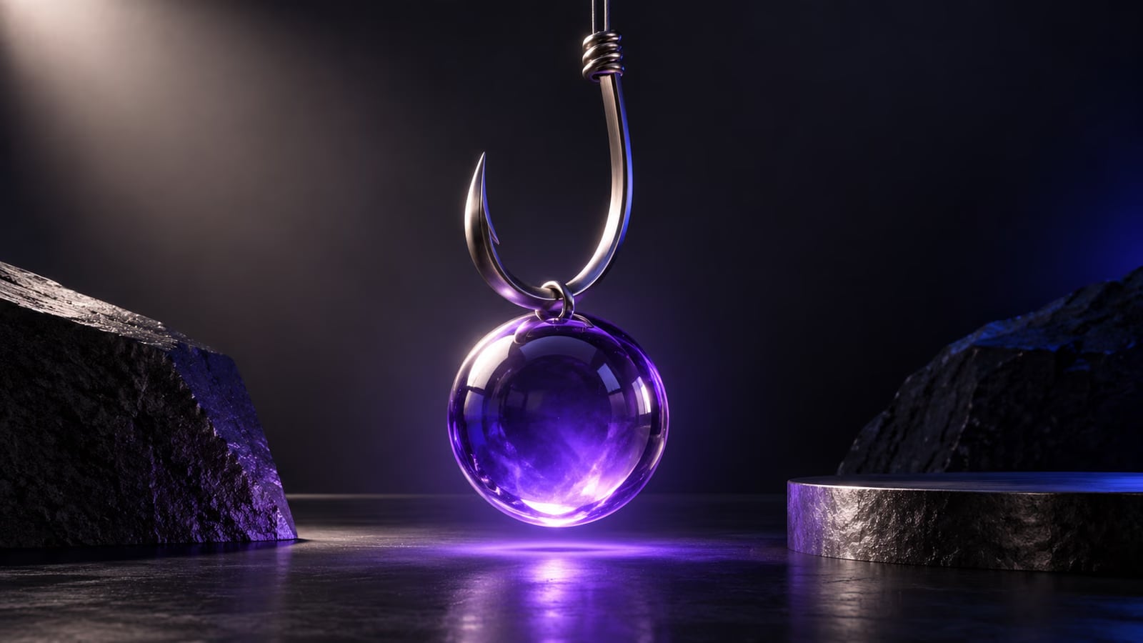 Gancho metálico escultórico suspendendo uma esfera violeta translúcida, sobre fundo escuro.