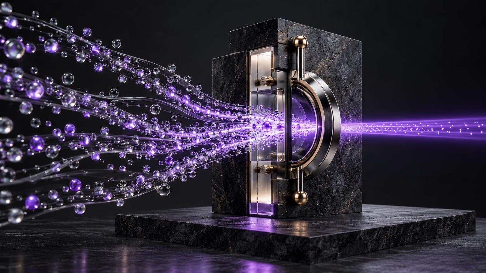 Fluxos de esferas translúcidas convergindo para um bloco de pedra escura, que filtra e libera um único feixe violeta.