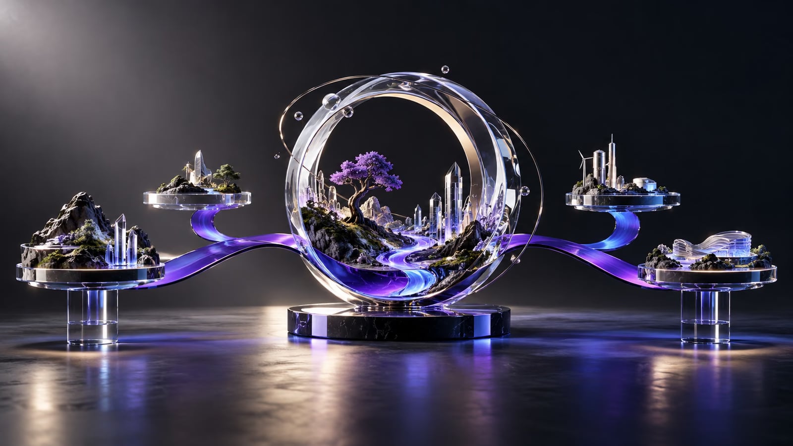 Plataformas de exposição conectadas por uma fita violeta a uma estrutura central.