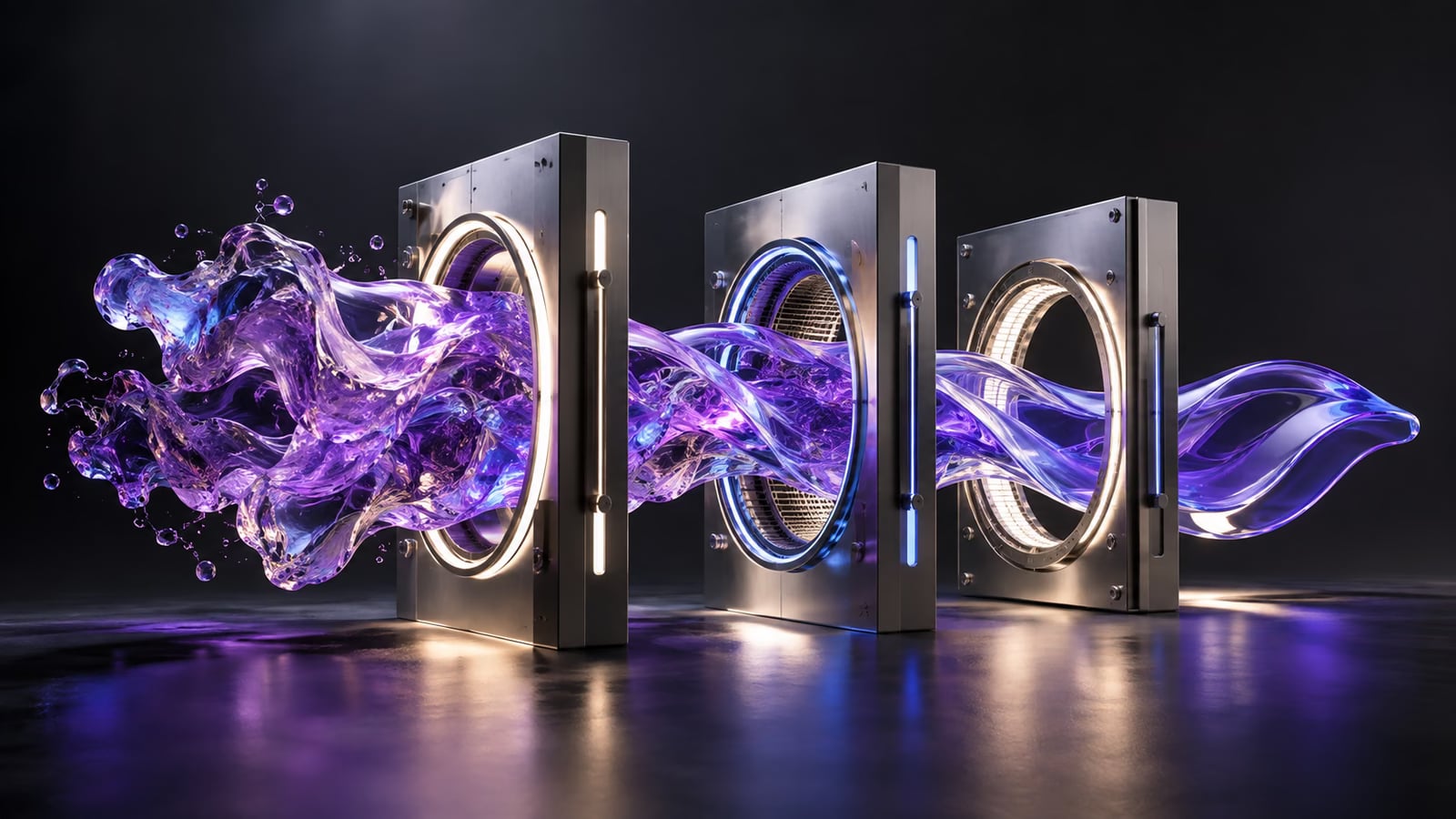 Escultura orgânica violeta atravessando três portais metálicos de inspeção.