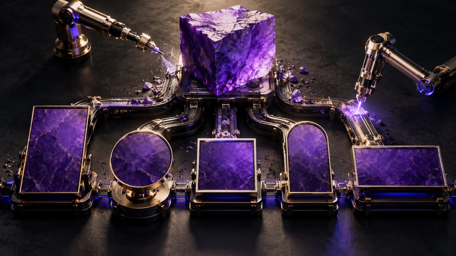 Linha de produção escultórica distribuindo uma peça violeta em diferentes formatos.