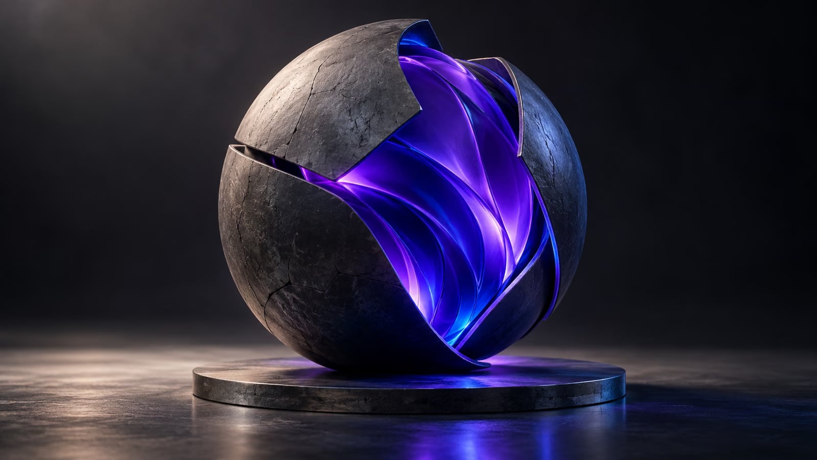 Escultura esférica de grafite com a superfície se abrindo para revelar um núcleo violeta.