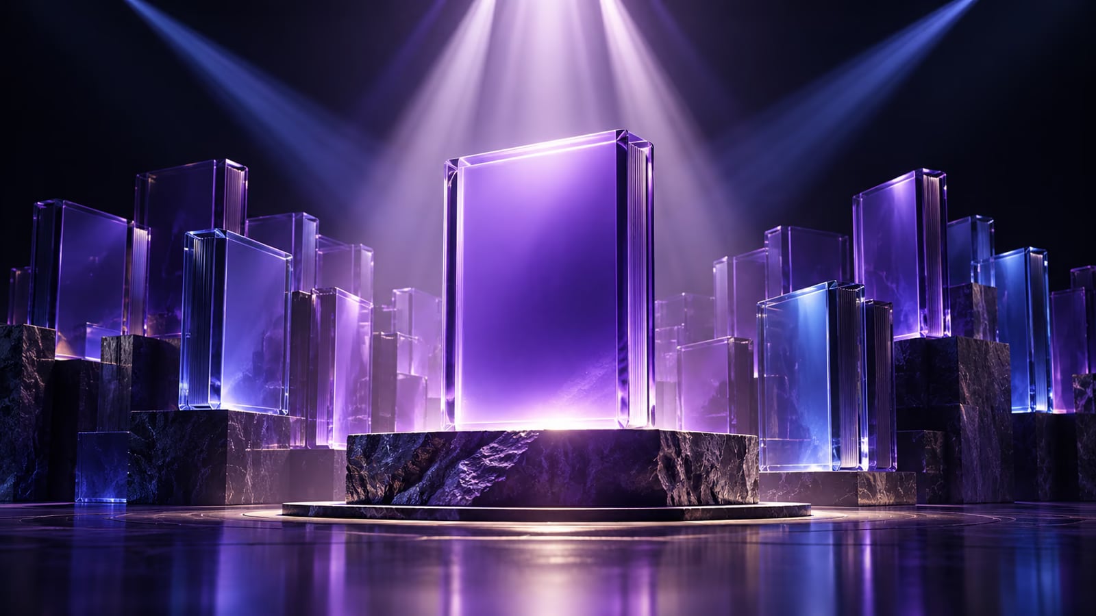 Estrutura violeta em forma de farol emitindo feixes através de placas transparentes.