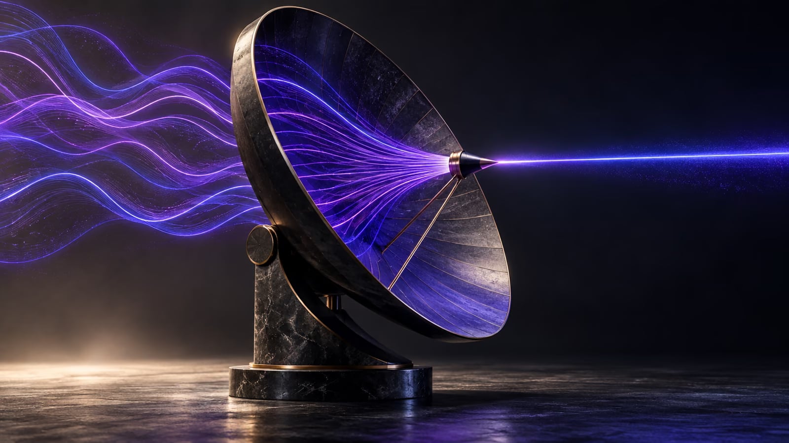 Antena escultórica concentrando ondas de luz roxa em um sinal definido.