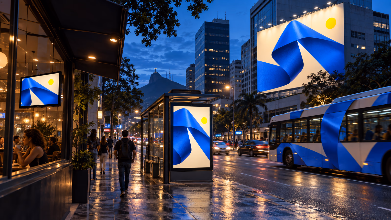 Campanha integrada em painéis de rua e telas no cotidiano da cidade.