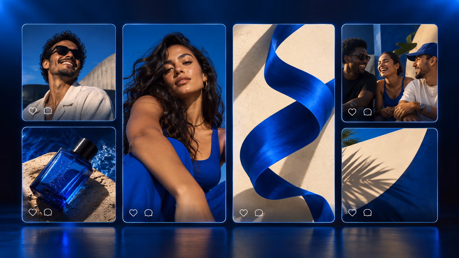 Mosaico de conteúdo social com retratos, vídeo e peças da marca.